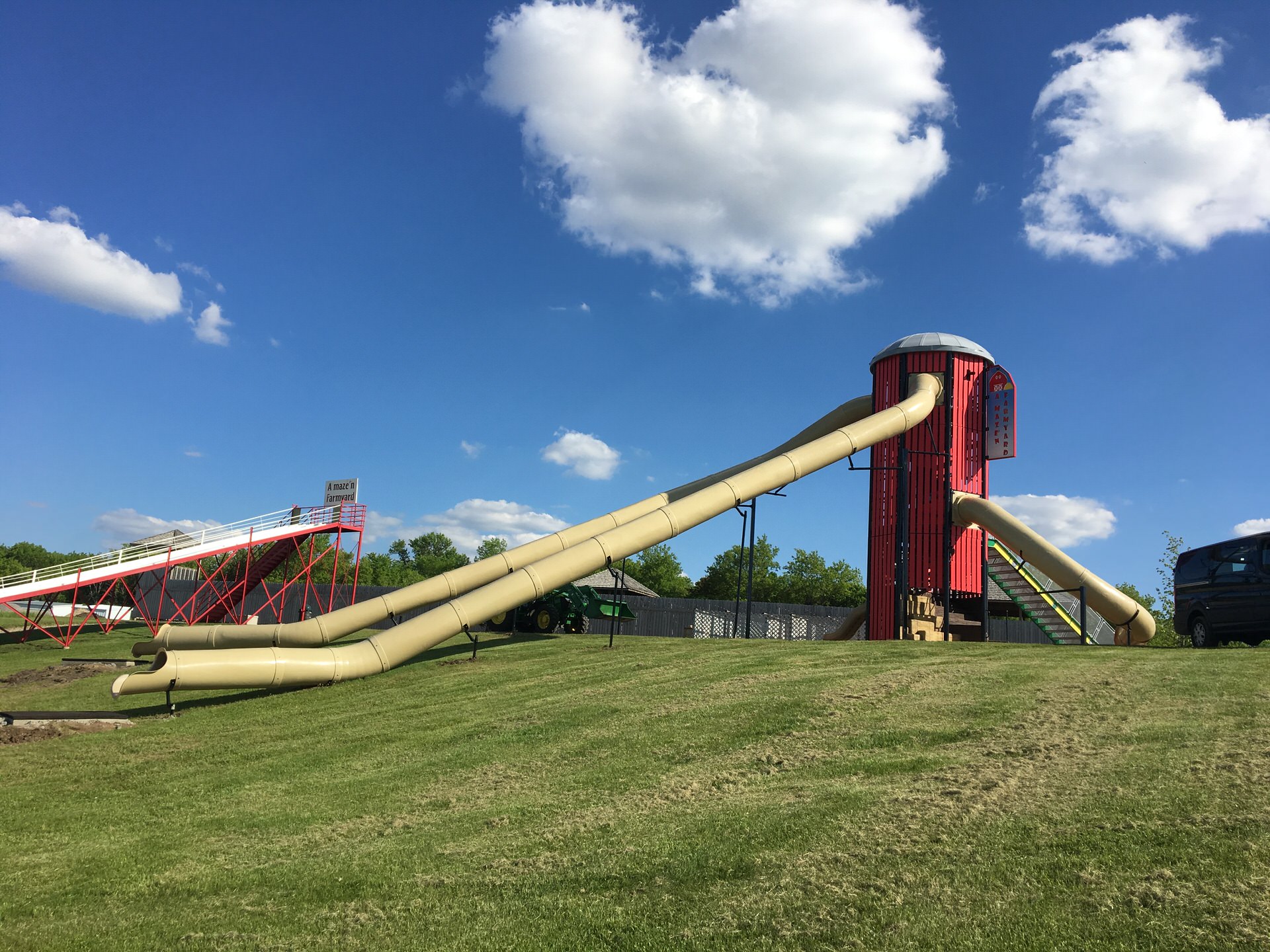 Minnesota Farm Playground at Amaze’n Farmyard in Eden Valley, MN featuring Themed Concepts equipment and custom built slides