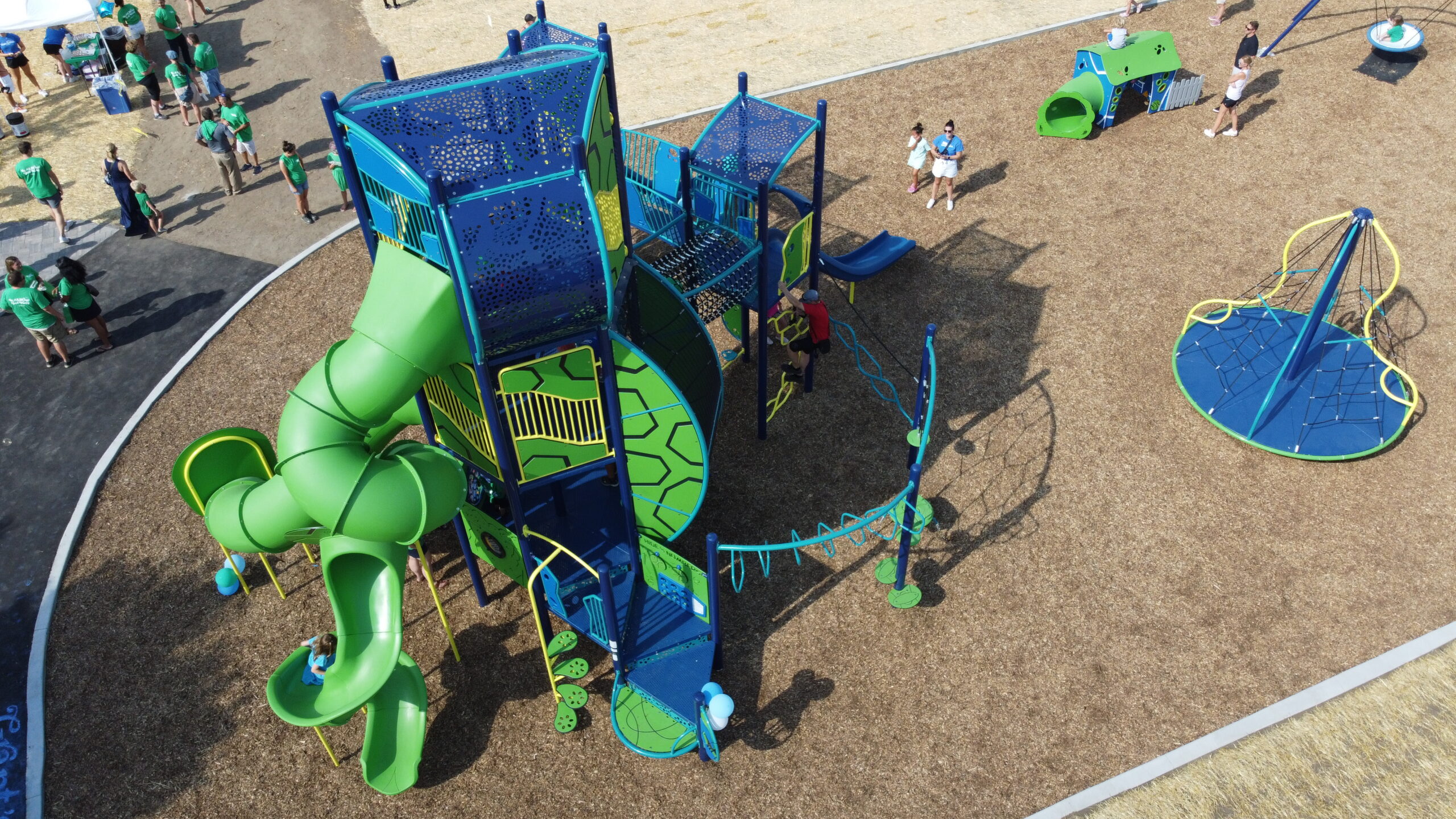 Modern playground at Living Hope Lutheran School in Bloomington, Minnesota with climbing structures and slides